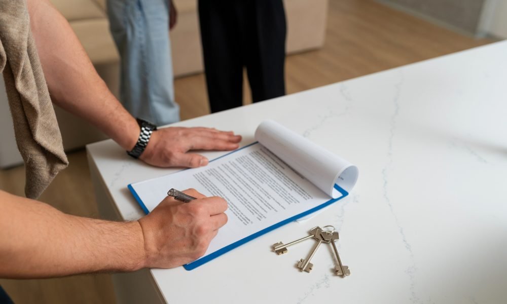 Profissional a acompanhar família numa visita a casa com contrato.