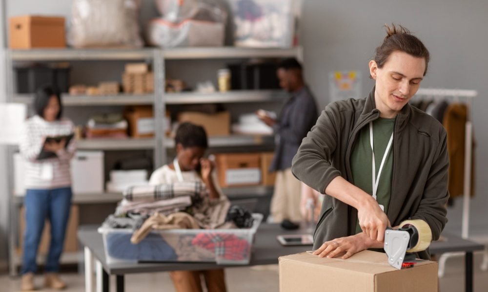 Pessoa a embalar produtos para envio numa loja local.